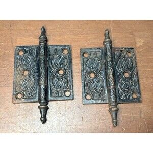 2 Victorian Antique Cast Iron Ornate Steeple-Tipped Door Hinges 3.5" X 3.5"